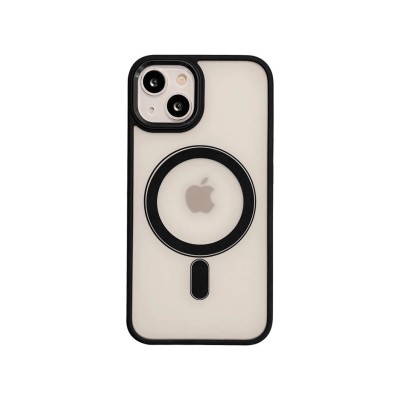 Husa iPhone 13, Premium MagSafe, Butoane Metalice, Spate Transparent, Rama Negru